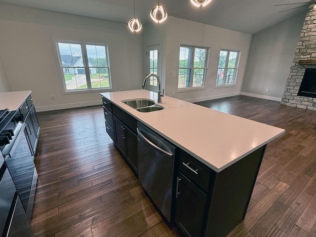 10448 Pleaasant Ridge Rd, Alexandria, KY 41001 - kitchen featuring dishwasher, open floor plan, light countertops, lofted ceiling, and stove