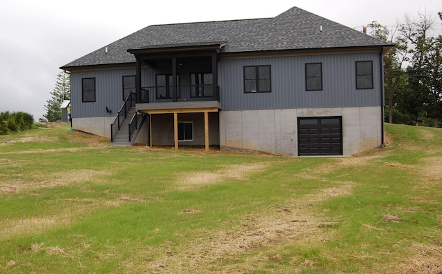 10448 Pleaasant Ridge Rd, Alexandria, KY 41001 - rear view of property featuring a shingled roof, a yard, stairs, and an attached garage