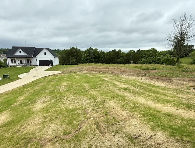 10448 Pleaasant Ridge Rd, Alexandria, KY 41001 - view of grassy yard featuring concrete driveway, an attached garage, and a view of trees