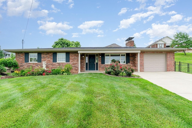 9513 Old Union Rd, Union, KY 41091 - ranch-style home with an attached garage, brick siding, concrete driveway, and a chimney