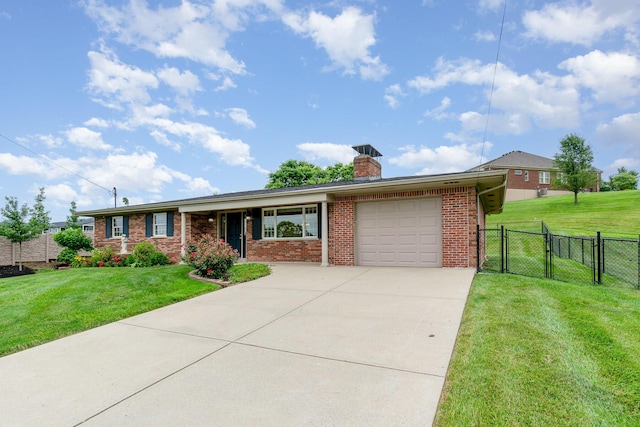 9513 Old Union Rd, Union, KY 41091 - ranch-style house with an attached garage, brick siding, concrete driveway, a chimney, and a gate