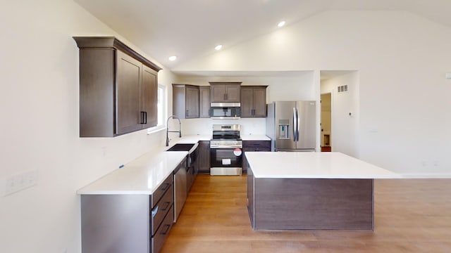 110 Liza Ln, Crittenden, KY 41030 - kitchen featuring appliances with stainless steel finishes, vaulted ceiling, light wood-type flooring, a kitchen island, and dark brown cabinetry