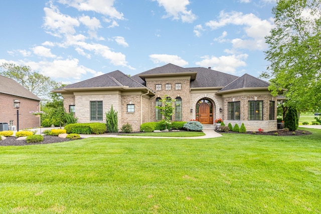 1007 Campo Ct, Union, KY 41091 - french provincial home featuring brick siding, a front lawn, roof with shingles, and stone siding