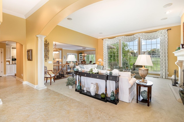1007 Campo Ct, Union, KY 41091 - living room with arched walkways, ornamental molding, decorative columns, and tile patterned flooring