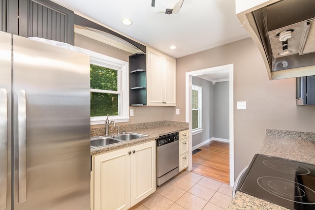 65 Beech Dr, Edgewood, KY 41017 - kitchen with stainless steel appliances, ventilation hood, light tile patterned flooring, open shelves, and light countertops