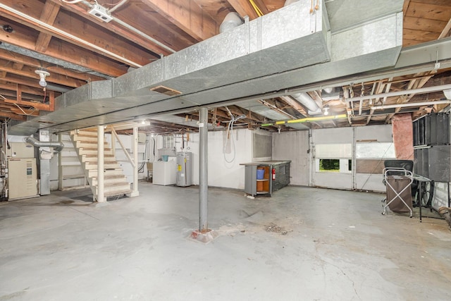 65 Beech Dr, Edgewood, KY 41017 - unfinished basement featuring water heater, washing machine and clothes dryer, stairs, and heating unit