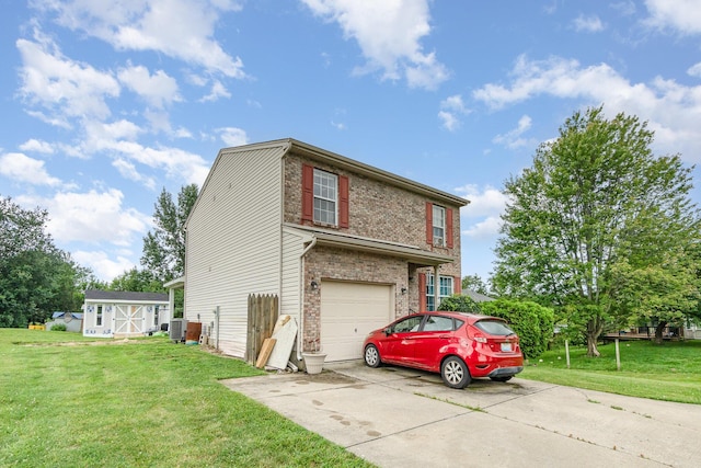 1845 Conrad Ln, Burlington, KY 41005 - view of home's exterior with driveway, an attached garage, a lawn, and brick siding
