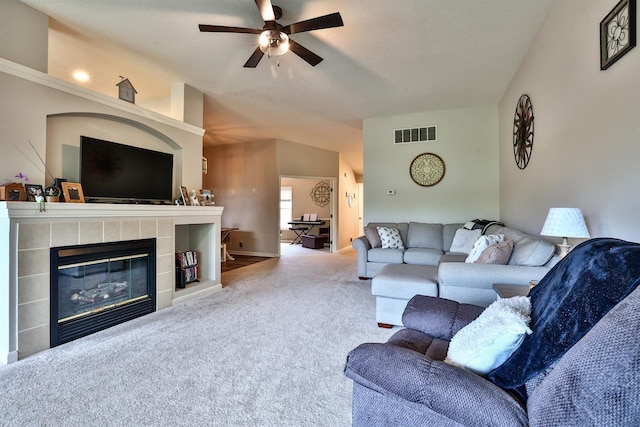 852 Flint Rdg Unit 4-302, Cold Spring, KY 41076 - living area with ceiling fan, carpet floors, and a tile fireplace