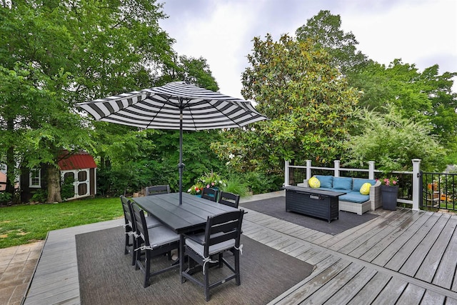 328 Creekwood Dr, Edgewood, KY 41017 - deck featuring an outdoor living space, a lawn, outdoor dining area, and a shed