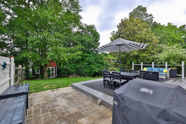 328 Creekwood Dr, Edgewood, KY 41017 - view of patio / terrace featuring a grill, outdoor dining area, a deck, a storage shed, and an outdoor hangout area