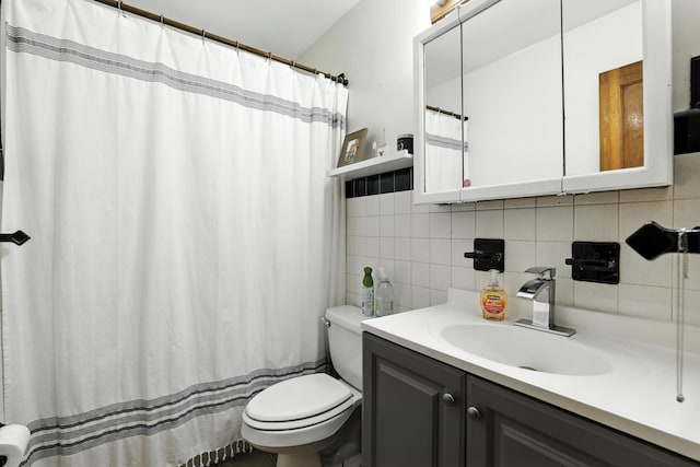 50 Russell St, Florence, KY 41042 - bathroom with vanity, tasteful backsplash, tile walls, and a shower with curtain