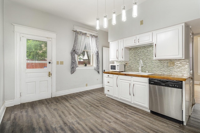 3712 Park Ave, Covington, KY 41015 - kitchen featuring dishwasher, wooden counters, dark wood-type flooring, white microwave, and white cabinets