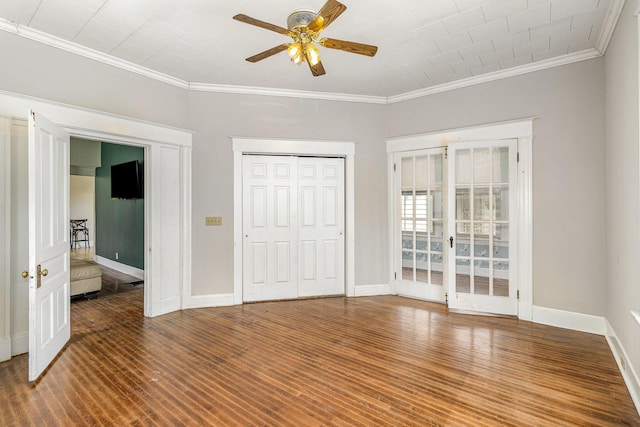 3712 Park Ave, Covington, KY 41015 - unfurnished bedroom with crown molding, wood finished floors, ceiling fan, a closet, and access to outside