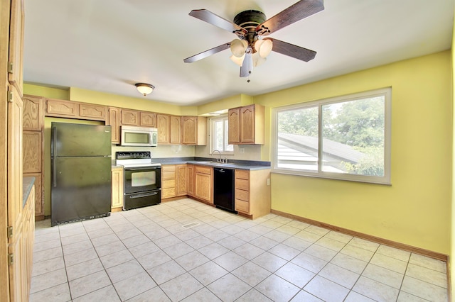 5370 Skyline Dr, Highland Heights, KY 41076 - kitchen with black appliances, light tile patterned floors, a ceiling fan, light brown cabinetry, and dark countertops