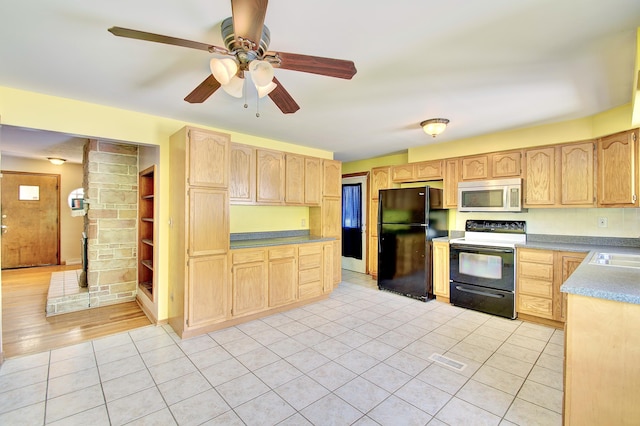 5370 Skyline Dr, Highland Heights, KY 41076 - kitchen featuring stainless steel microwave, freestanding refrigerator, electric range, light brown cabinetry, and a ceiling fan