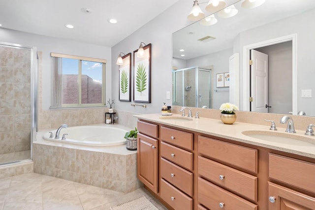 1464 Shirepeak Way, Independence, KY 41051 - full bath with a stall shower, double vanity, a garden tub, tile patterned flooring, and recessed lighting