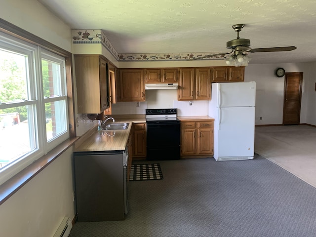 165 Davis Lake Rd, Owenton, KY 40359 - kitchen featuring range with electric cooktop, freestanding refrigerator, under cabinet range hood, light countertops, and carpet flooring