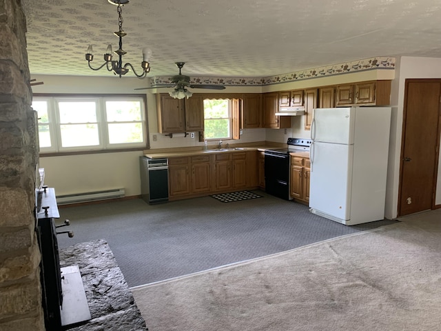 165 Davis Lake Rd, Owenton, KY 40359 - kitchen featuring freestanding refrigerator, electric stove, carpet floors, a baseboard heating unit, and light countertops