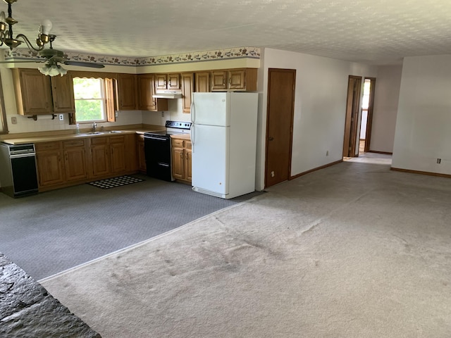 165 Davis Lake Rd, Owenton, KY 40359 - kitchen with freestanding refrigerator, black / electric stove, carpet floors, light countertops, and brown cabinetry
