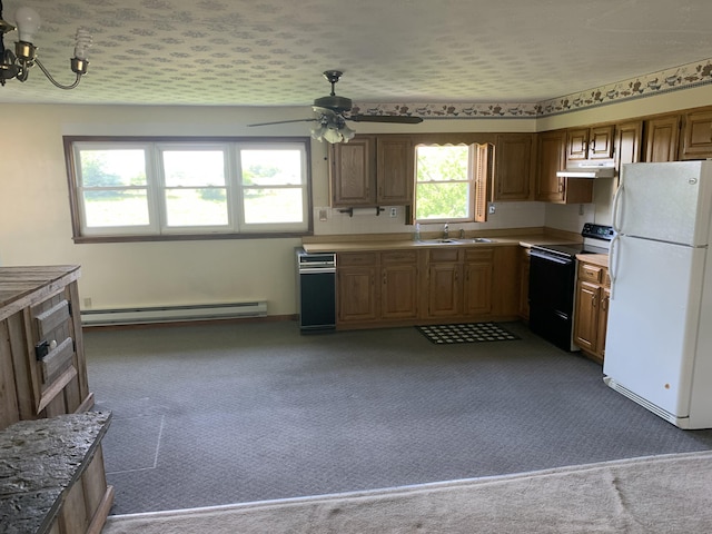 165 Davis Lake Rd, Owenton, KY 40359 - kitchen featuring freestanding refrigerator, black electric range oven, a baseboard heating unit, dark carpet, and under cabinet range hood