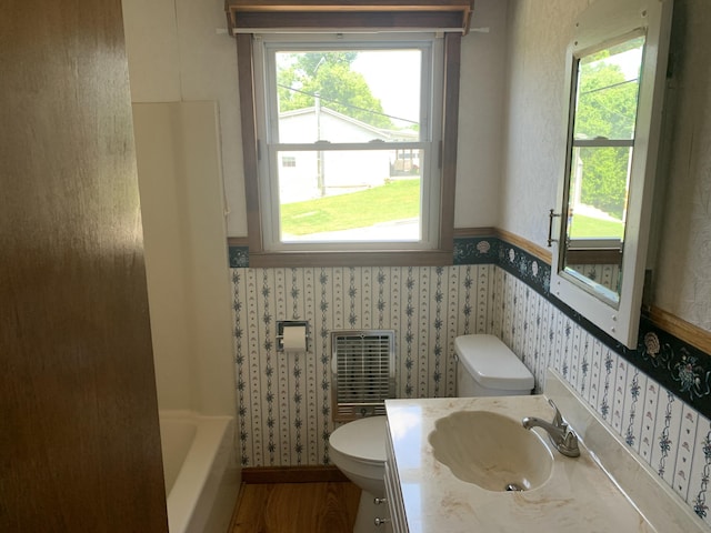 165 Davis Lake Rd, Owenton, KY 40359 - full bath featuring heating unit, vanity, healthy amount of natural light, wood finished floors, and wallpapered walls