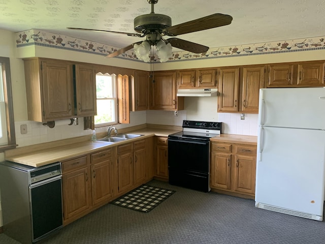 165 Davis Lake Rd, Owenton, KY 40359 - kitchen with freestanding refrigerator, electric range, light countertops, and under cabinet range hood