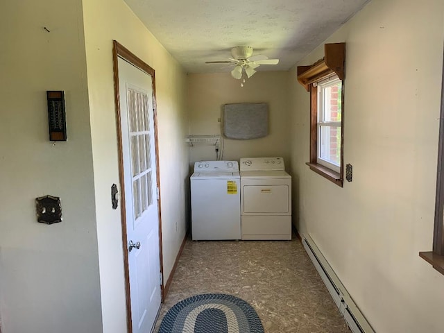 165 Davis Lake Rd, Owenton, KY 40359 - laundry area featuring washing machine and clothes dryer, ceiling fan, and a baseboard radiator