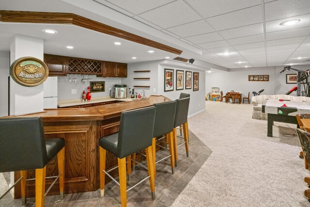 25 Regiment Ct, Wilder, KY 41076 - indoor wet bar with recessed lighting, freestanding refrigerator, carpet flooring, and black electric cooktop