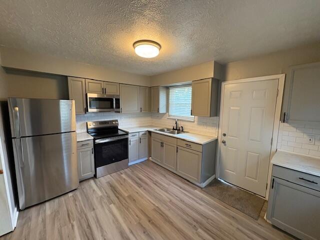 1022 Capitol Ave, Elsmere, KY 41018 - kitchen with stainless steel appliances, gray cabinets, backsplash, light wood-type flooring, and a textured ceiling