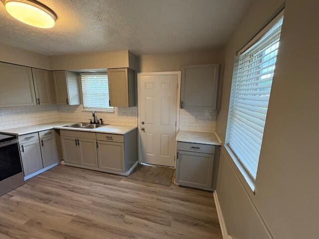 1022 Capitol Ave, Elsmere, KY 41018 - kitchen with gray cabinets, range with electric stovetop, backsplash, light wood finished floors, and a textured ceiling