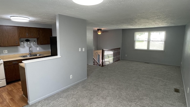 38 Carriage Hill Dr, Erlanger, KY 41018 - kitchen with a textured ceiling, light countertops, a ceiling fan, light colored carpet, and white range with electric cooktop