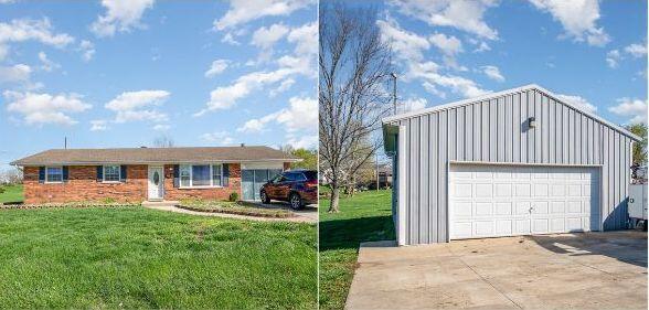 9 Blanche Ave, Williamstown, KY 41097 - view of front of house with a garage, a front yard, board and batten siding, and brick siding
