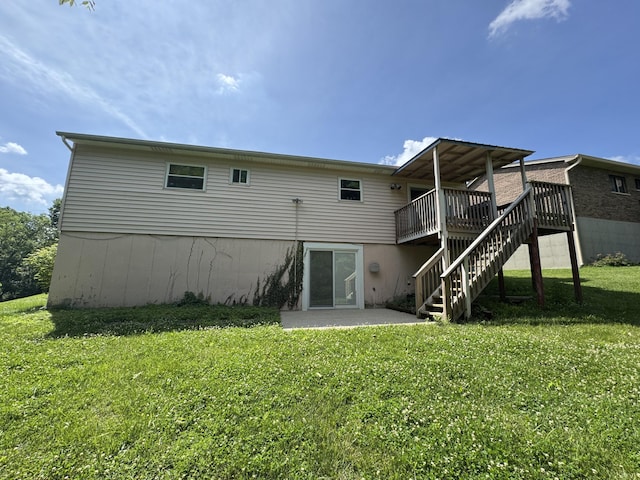 4120 Taylor Ct, Erlanger, KY 41018 - back of house featuring stairs, a wooden deck, a lawn, and a patio