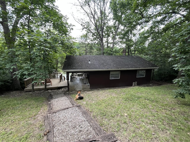 567 Rose Bourne Ln, Owenton, KY 40359 - view of front facade with a front lawn, a deck, a chimney, and a shingled roof