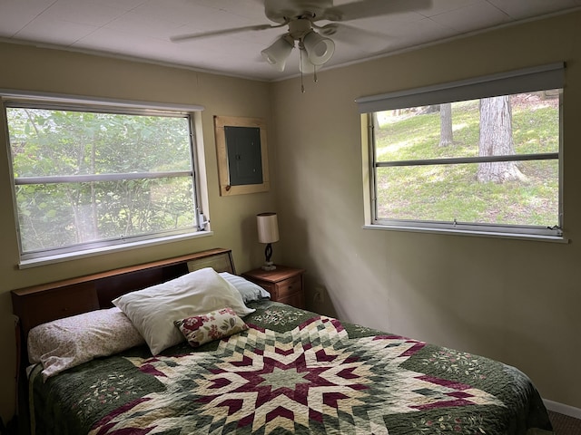 567 Rose Bourne Ln, Owenton, KY 40359 - bedroom featuring electric panel, multiple windows, ceiling fan, and ornamental molding