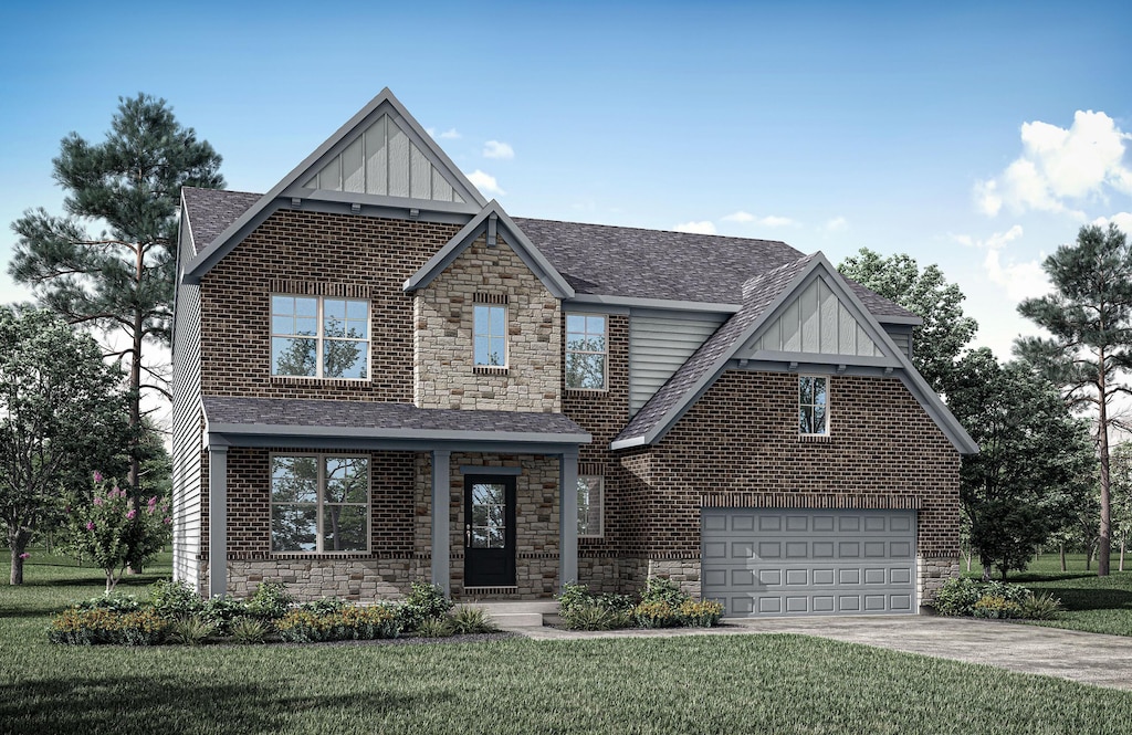 7808 E Timber Creek Dr, Alexandria, KY 41001 - tudor house with board and batten siding, stone siding, a shingled roof, concrete driveway, and a front yard