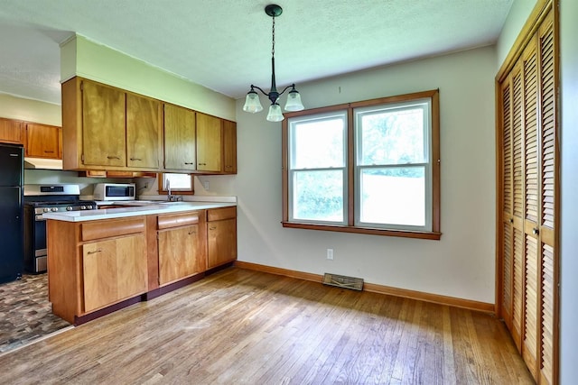 1710 Hilltop Dr, Carrollton, KY 41008 - kitchen with appliances with stainless steel finishes, a peninsula, brown cabinetry, a chandelier, and light wood-type flooring