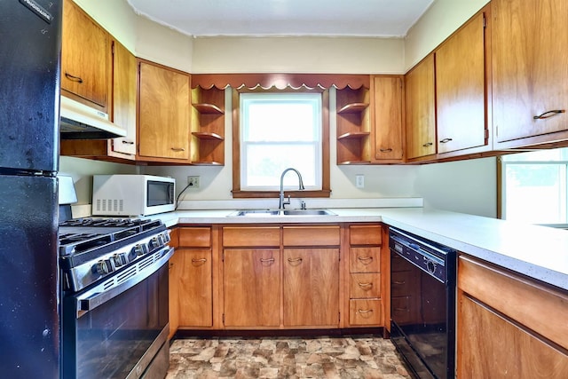 1710 Hilltop Dr, Carrollton, KY 41008 - kitchen with black appliances, open shelves, under cabinet range hood, and light countertops