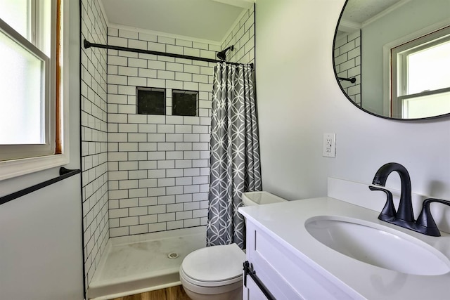 1710 Hilltop Dr, Carrollton, KY 41008 - full bath with plenty of natural light, vanity, a shower stall, and ornamental molding