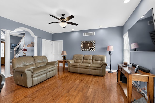 103 Mohawk Trl, Dry Ridge, KY 41035 - living room with decorative columns, a ceiling fan, light wood-style floors, healthy amount of natural light, and recessed lighting