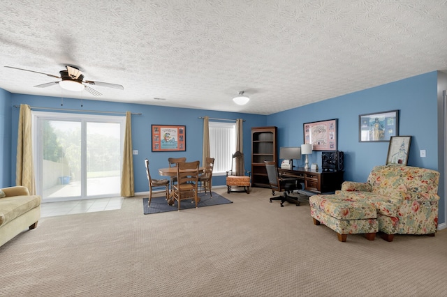 103 Mohawk Trl, Dry Ridge, KY 41035 - carpeted living room featuring ceiling fan, a desk, and a textured ceiling