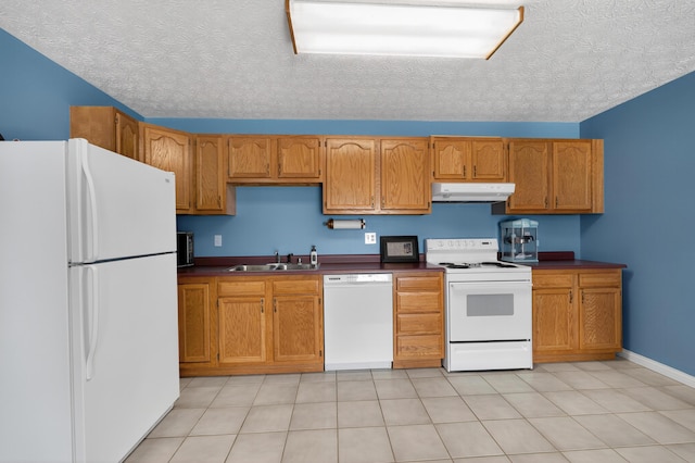 103 Mohawk Trl, Dry Ridge, KY 41035 - kitchen featuring white appliances, under cabinet range hood, dark countertops, brown cabinets, and a textured ceiling