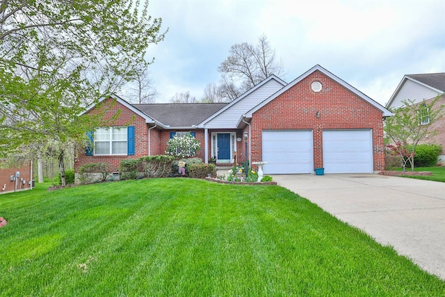 6315 Baymiller Ln, Burlington, KY 41005 - ranch-style home with an attached garage, brick siding, driveway, and a front lawn
