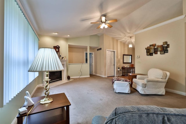 6315 Baymiller Ln, Burlington, KY 41005 - living room featuring lofted ceiling, carpet floors, and ceiling fan