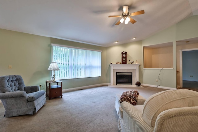 6315 Baymiller Ln, Burlington, KY 41005 - living room featuring carpet, a fireplace with flush hearth, a ceiling fan, and vaulted ceiling