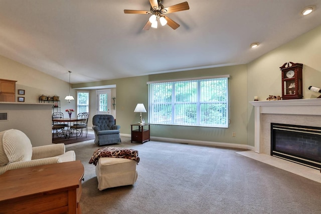 6315 Baymiller Ln, Burlington, KY 41005 - carpeted living room with a ceiling fan, a fireplace with flush hearth, vaulted ceiling, and recessed lighting