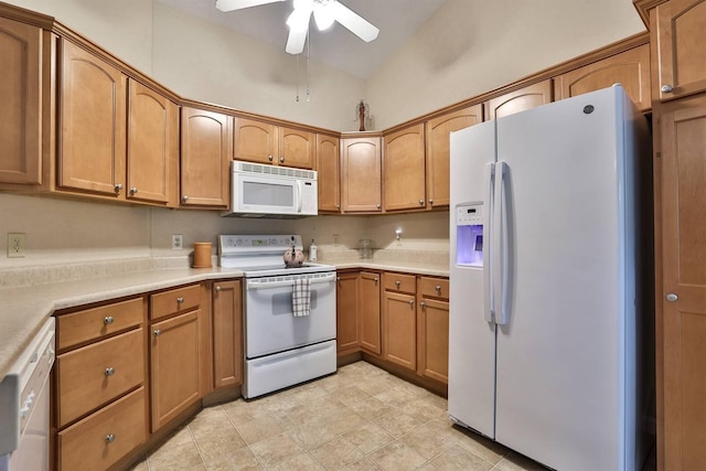 6315 Baymiller Ln, Burlington, KY 41005 - kitchen with white appliances, lofted ceiling, brown cabinetry, a ceiling fan, and light countertops