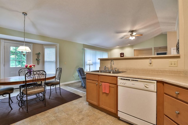 6315 Baymiller Ln, Burlington, KY 41005 - kitchen with white dishwasher, ceiling fan, light countertops, decorative light fixtures, and brown cabinetry