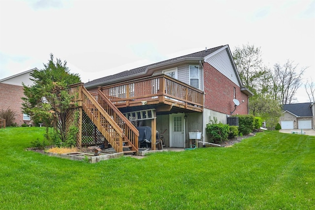 6315 Baymiller Ln, Burlington, KY 41005 - rear view of property featuring a wooden deck, a lawn, stairs, and brick siding