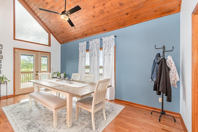 9500 Lower River Rd, Burlington, KY 41005 - dining space with light wood-style flooring, ceiling fan, wooden ceiling, and high vaulted ceiling